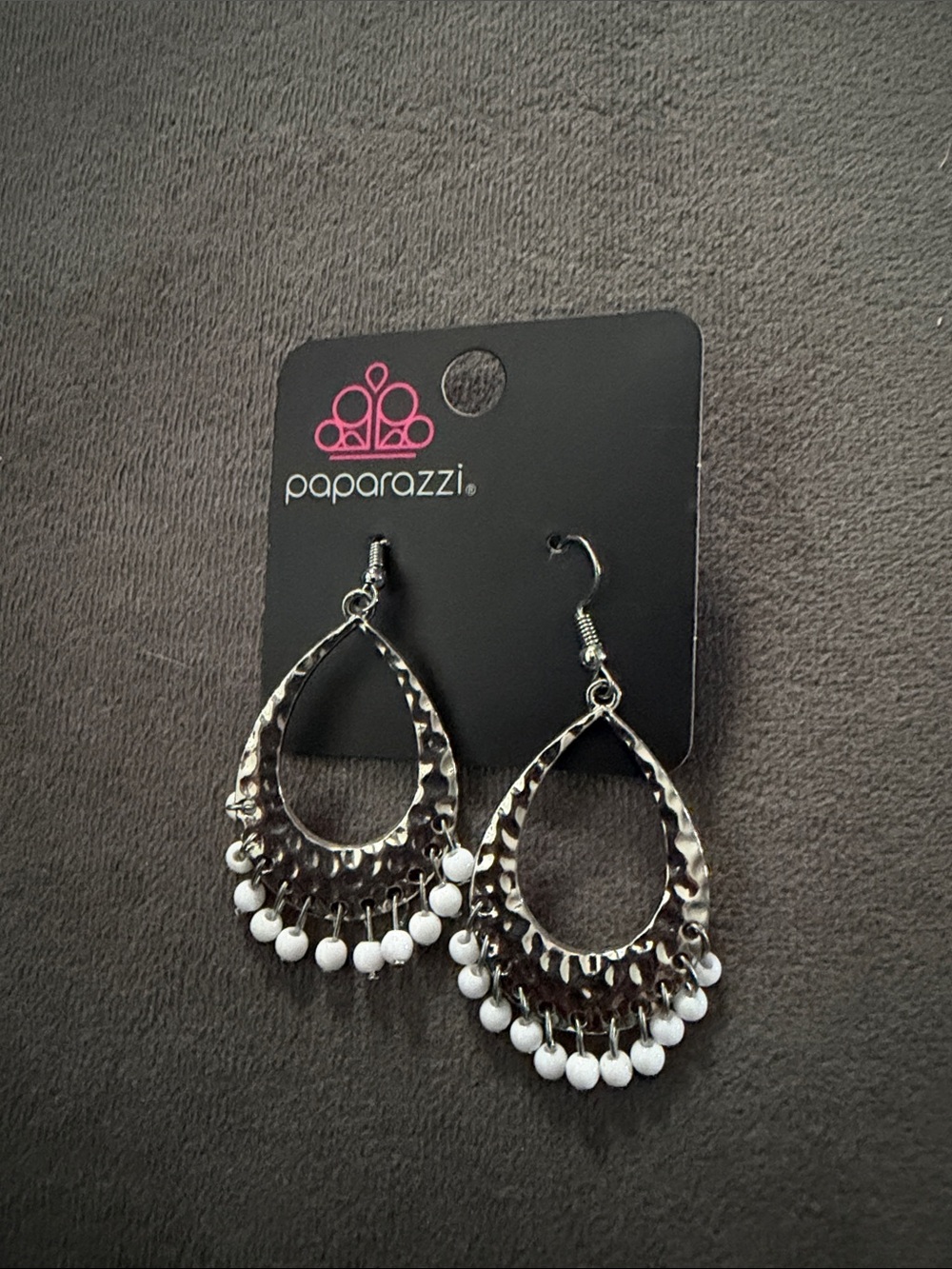 paparazzi Silver Teardrop Earrings with White Bead Fringe